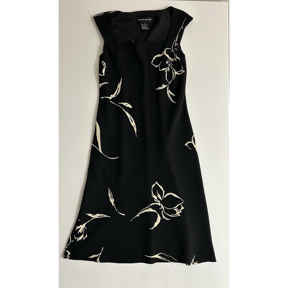 Jones New York Dress Black‎ White Floral Sheath Sleeveless Lined Size 8